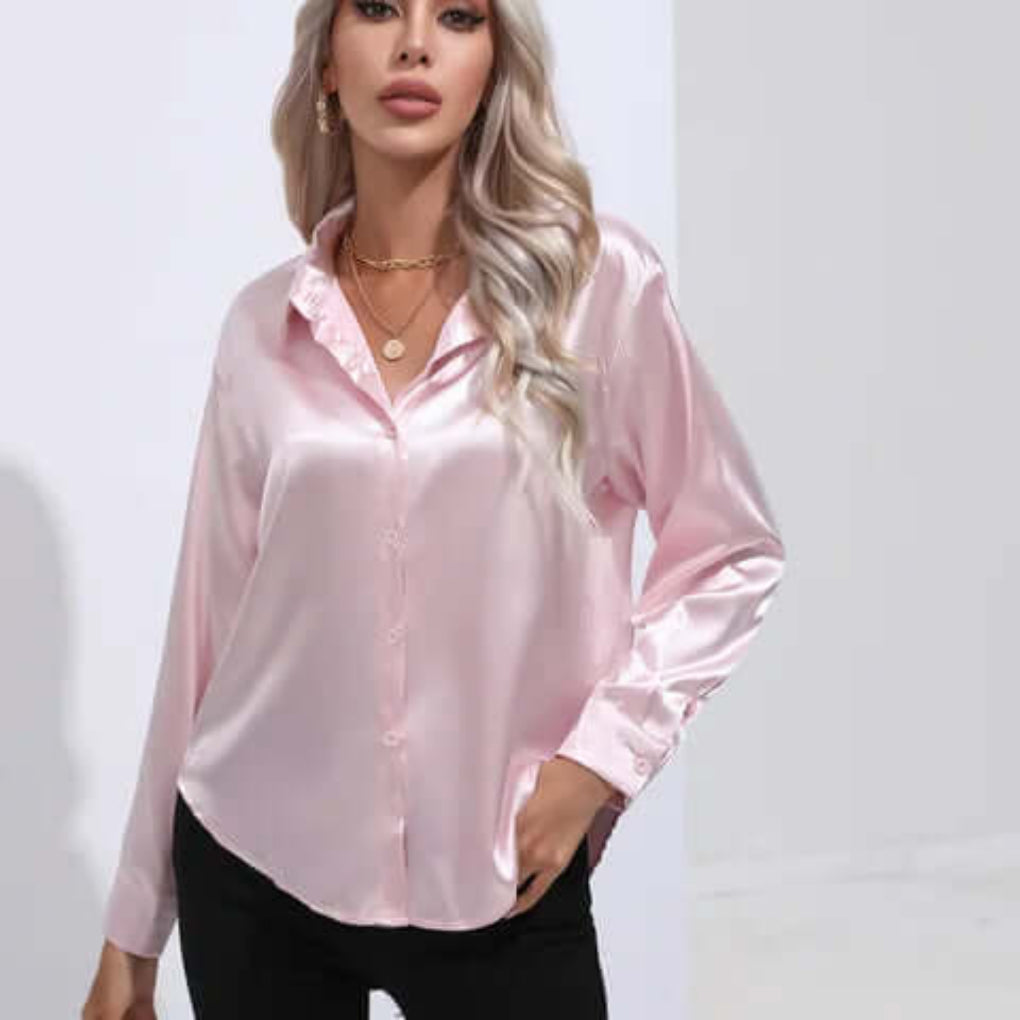 Women's Satin Loose Fit Long Sleeve Blouse